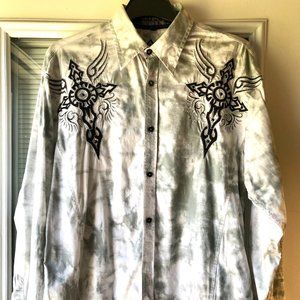 ROAR Buckle, button down shirt, cotton blend, blk, wht, gray, men's L